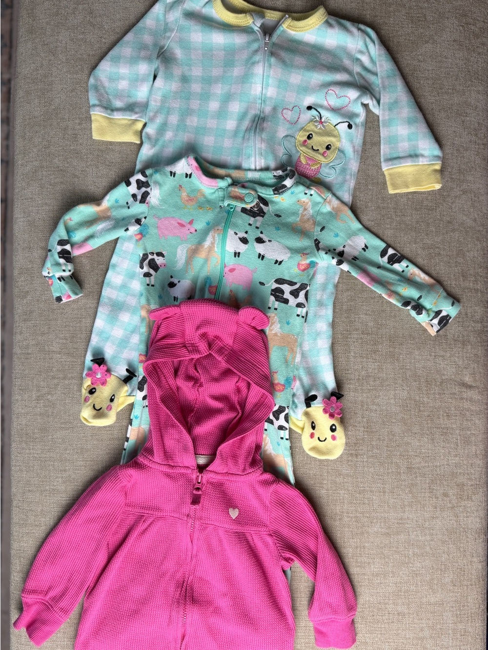 Lot of 3 Pink Hooded- Mint Animal Bee Print Footed Pajamas Set